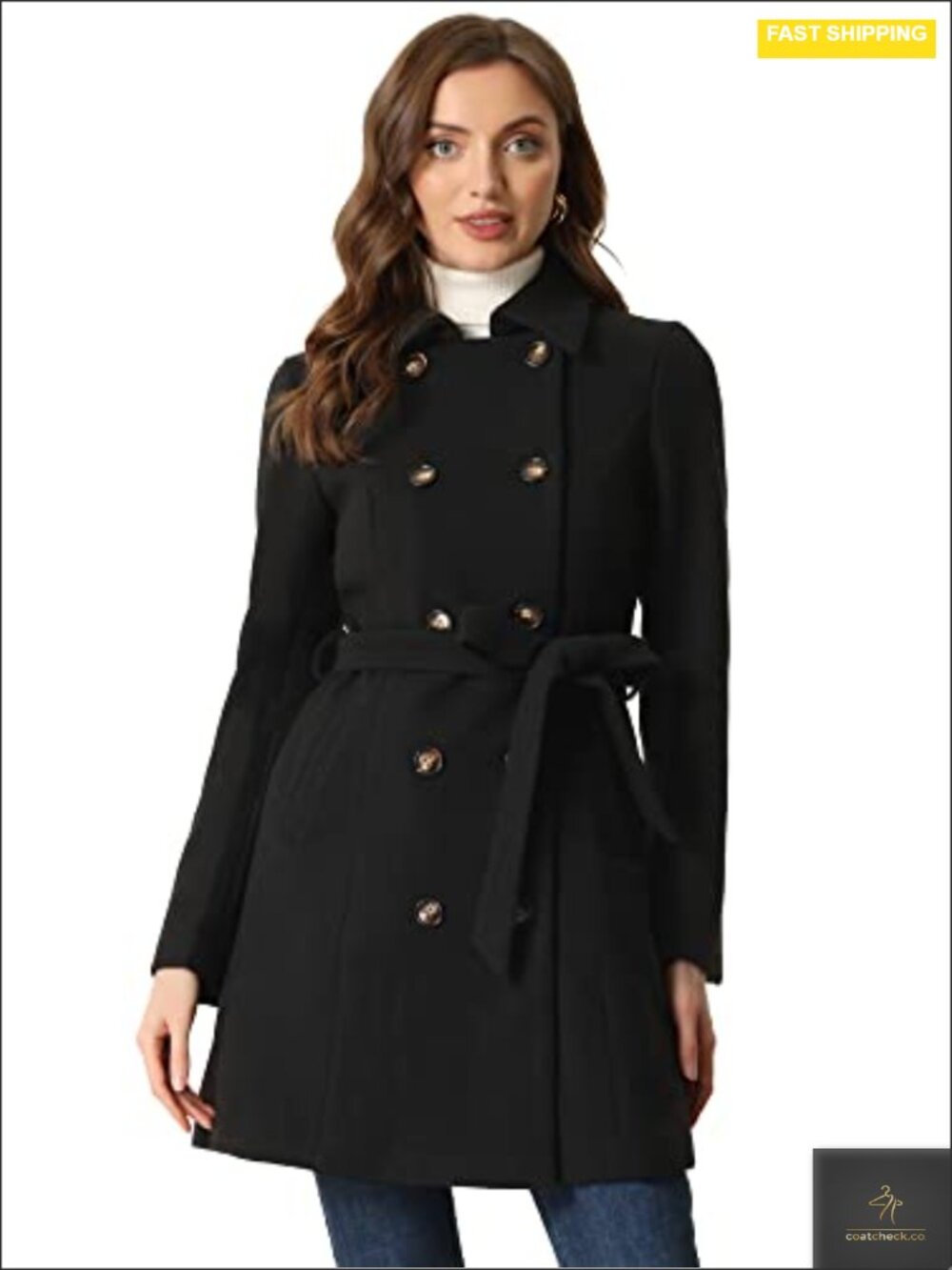 Women's Wool & Pea Coat, Double Breasted Mid Length Overcoat, Belted Long